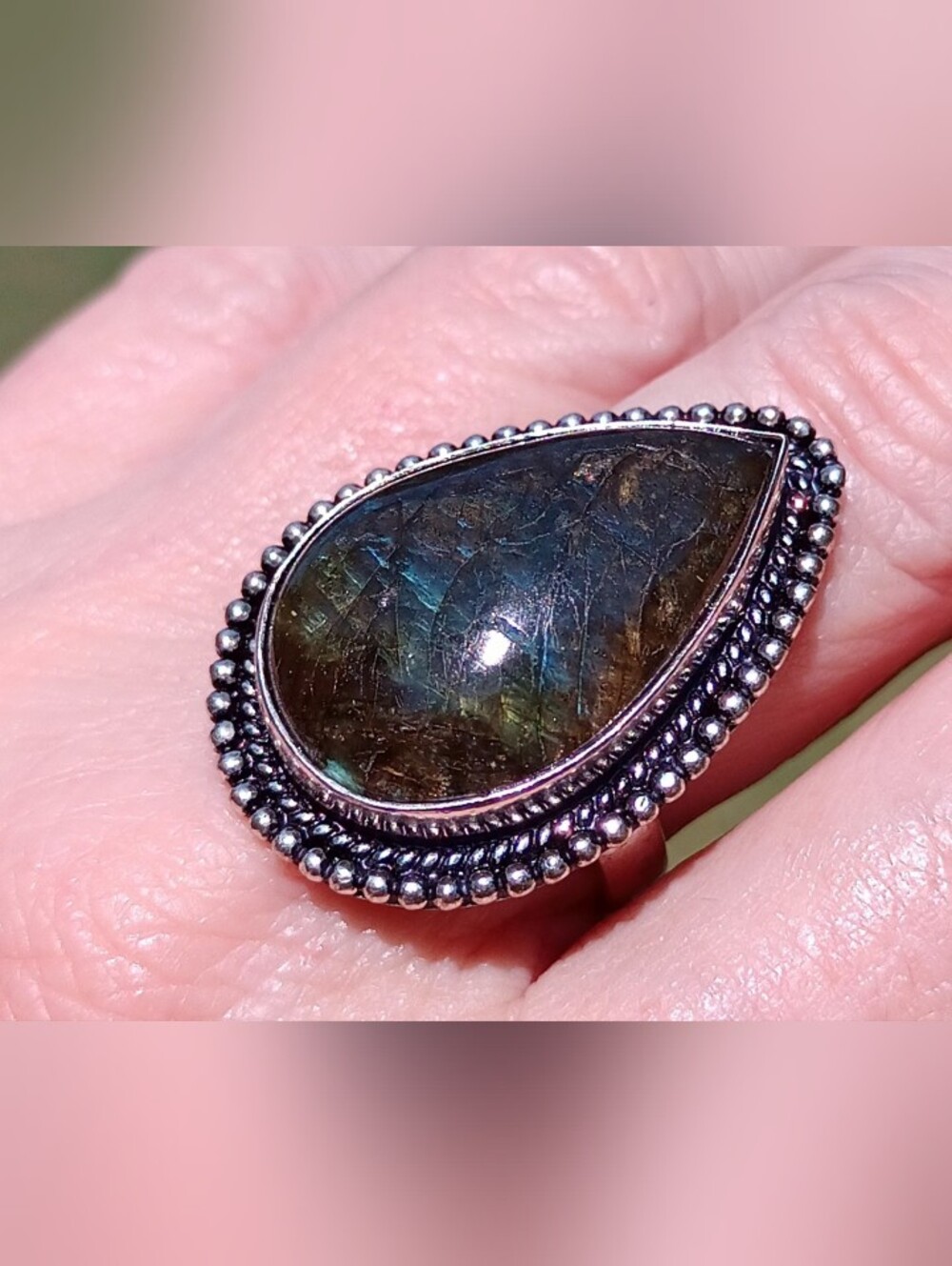 Natural Multi Flash Labradorite Gemstone Silver Teardrop Statement Ring Sz 8